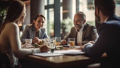 group of people gathered around a table in an indoor setting, office or restaurant, building made of glass and steel, business lunch and environment, corporation, entrepreneur, happy atmosphere - Powered by Adobe