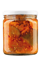 Canned eggplant in jar isolated, isolated on white background. Сanned food. Full depth of field.