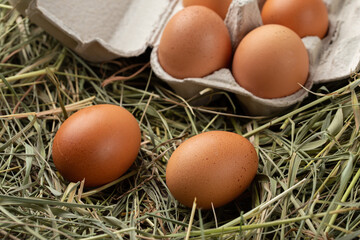 Homemade chicken eggs in a cardboard tray on a straw.