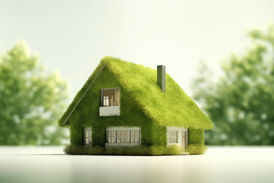 Miniature small country house with grass roof isolated on sunny background with copy space. Banner template, creative concept of country eco village. Generative AI 3d render illustration