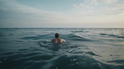man in the water swims in the open ocean sea, Generative AI