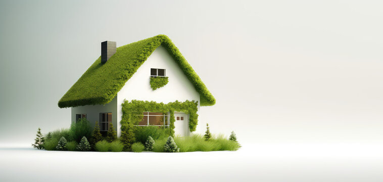 Toy model of white country house in green plants with grass roof isolated on white background with copy space. Banner mockup, creative idea of country eco village. Generative AI 3d render illustration