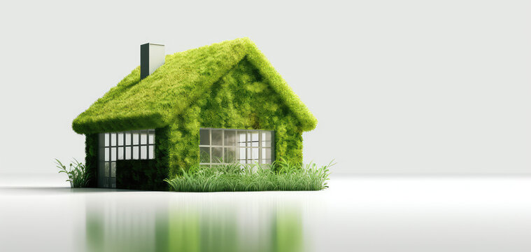 Toy modern small country house in green plants with grass roof isolated on white background with copy space. Banner mockup, creative idea of country eco village. Generative AI 3d render illustration
