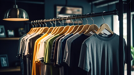 Stylish Clothes Rack with Bright Ceiling Lights and Array of Shirts. created with Generative AI