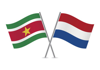 The Netherlands and Suriname crossed flags. Netherlandish and Surinamese flags on white background. Vector icon set. Vector illustration.