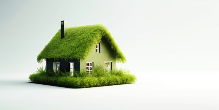 Toy model of small country house in green plants with grass roof isolated on white background with copy space for text. Banner template, creative concept of country eco village.Generative AI 3d render