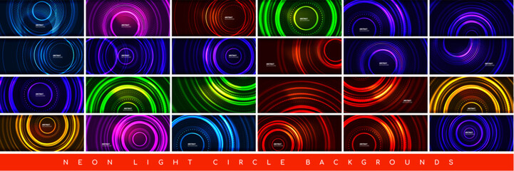Mega collection of glowing neon circles. Backdrop bundle for wallpaper, banner, background, landing page, wall art, invitation, prints, posters