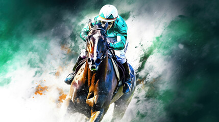 Abstract Racing horses with jockeys in water color style created with generative AI technology