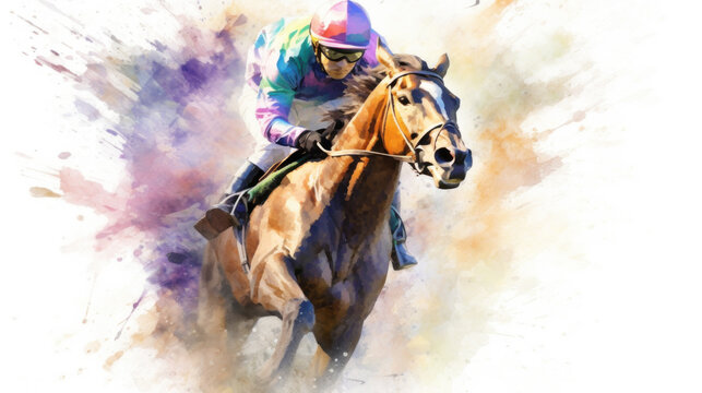 Abstract Racing horses with jockeys in water color style created with generative AI technology