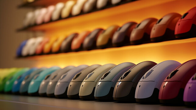 Colorful wireless mouses, computer mice,  Created using generative AI tools.