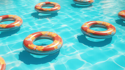 Colorful swimming circles floating in the swimming pool
