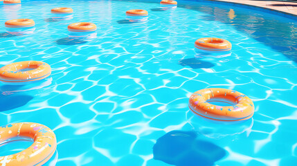 Fototapeta na wymiar Colorful swimming circles floating in the swimming pool 