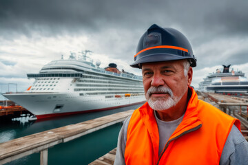 Obraz premium Digital portrait of a senior successful confident professional Dock worker standing in Shipyard. Concept of active age. Generative AI