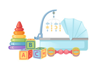 Set of items for baby care carriage and toys vector illustration isolated on white background