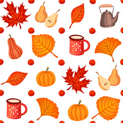 Autumn theme seamless pattern with red mug and leaves vector illustration