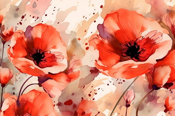 Generative AI, Watercolor background with poppies on red and beige colors . Card for invitation , holiday, birthday, wedding. printed products