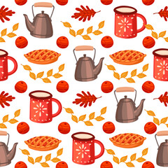 Autumn theme seamless pattern with red mug pie and kettle vector illustration