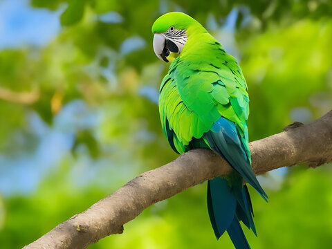 A green parrot is sitting on a tree
