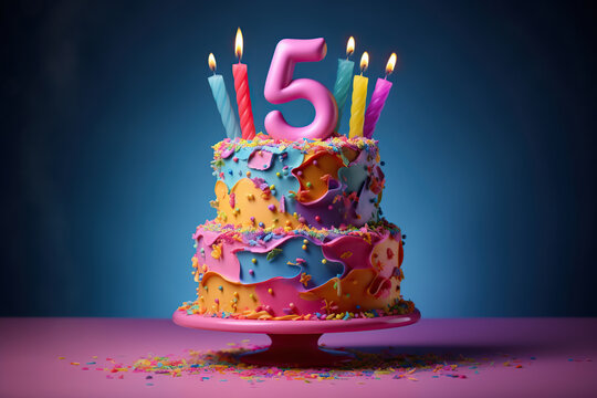 Birthday colorful cake on a 5 years decorated with colorful sweets, topper number five on a blue background. Copy space. Generative AI