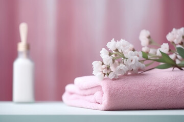 Toothbrush, toothpaste and white towels, pink flowers with copy space. Aromatherapy and Oral care, body hygiene and morning daily routines