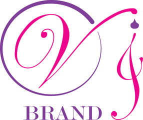 handwritten vi prefix vector logo with purple and pink circle frame.