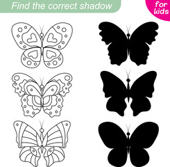 Find the correct shadow. Butterfly collection. Three summer butterflies. Educational game