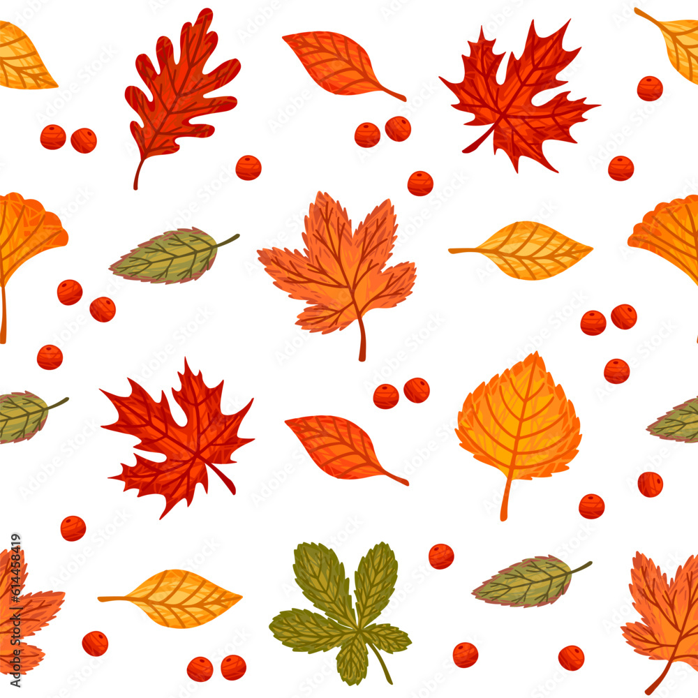 Wall mural seamless pattern of colorful autumn leaves vector illustration on white background
