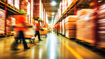 Obraz premium Logistics business warehouse, shipment and loading concept. workers in reflective vests blurred with movement. Staff in a warehouse move between storage racks, motion blur background