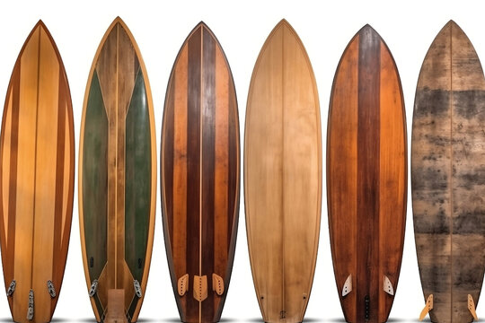 Collection of vintage wooden fishboard surfboard isolated on white with clipping path for object, retro styles, Generative AI