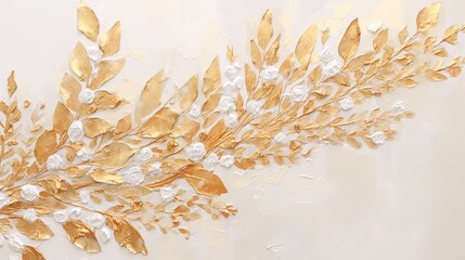 Luxury wall design bas-relief with stucco mouldings. Branch with golden leaves. Plant element. Generative AI. Illustration for cover, postcard, interior design, decor, packaging, invitations or print.