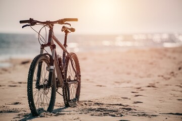 13.05.2023 Baltic Sea, Europe, Poland. Bike on the seashore sandy beach. Fitness sports motivation and inspiration. MTB on the seaside