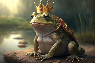 An amusing frog with a royal king costume, complete with a golden crown, adding a touch of regal charm. Ai generated