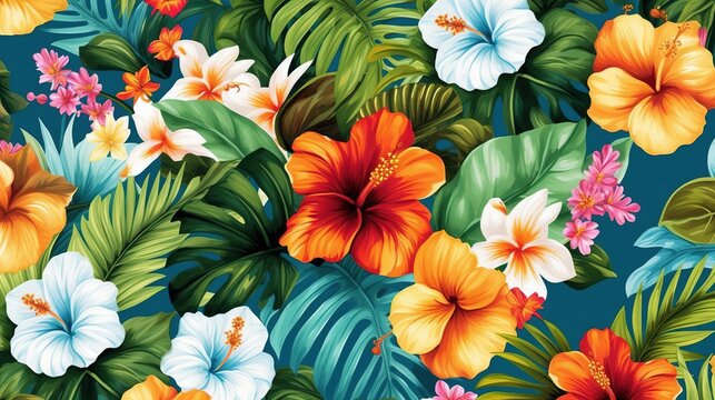 Tropical floral pattern with bright hibiscus flowers and exotic palm leaves. Exotic jungle wallpaper. Generative AI. Illustration for textile, fabric, interior design, packaging, greeting card, print.
