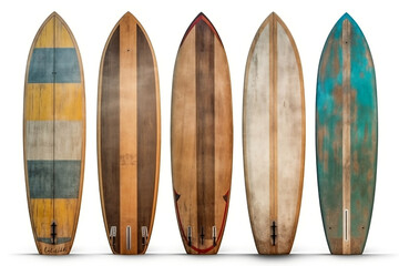 Collection of vintage wooden fishboard surfboard isolated on white with clipping path for object, retro styles, Generative AI