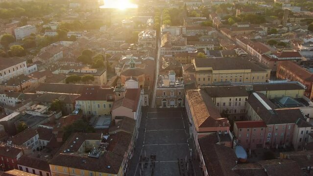 ravenna city piazza del popolo square aerial view drone at sunrise dawn tilt up