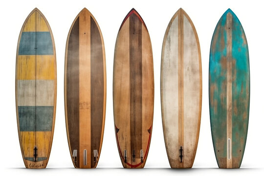 Collection of vintage wooden fishboard surfboard isolated on white with clipping path for object, retro styles, Generative AI