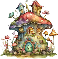 Watercolor Fairy Mushroom House Clipart, Fairy Tale, Fantasy Forest , Magic House, Generative Ai