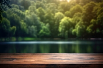 The empty wooden table top with blur background of summer lakes green forest. High quality photo - Powered by Adobe