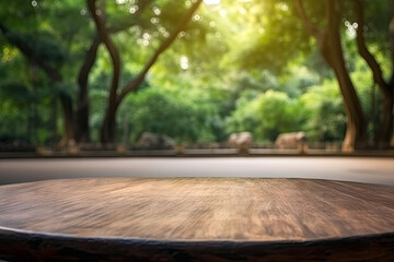 Empty wooden round table and blurred background of green park in summer. High quality photo