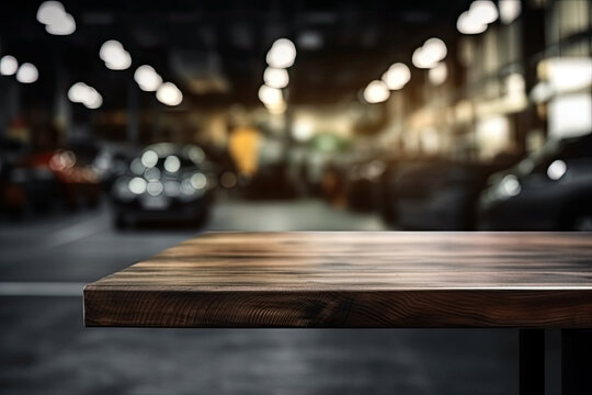 Empty wooden table and blurred background of car showroom with bokeh lights, product display montage. High quality photo
