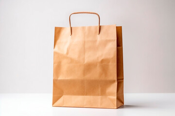Paper bag. Craft paper shopping bag. Brown folded paper bag with handle. Empty grocery paper bag.