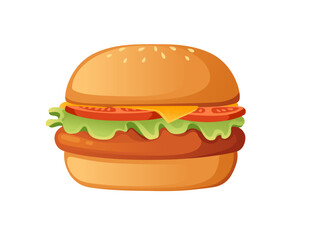 Fast Food classic burger with meat cutlet lettuce and tomato vector illustration isolated on white background