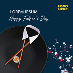 Happy Fathers Day for food and restaurent with blue background minimal stick social media poster attached a black plate, two chopstick, a Shushi and a wonderful Japanese tree. Promotion and food