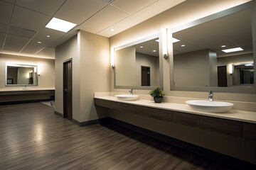 Bathroom public with mirror and sink. High quality photo