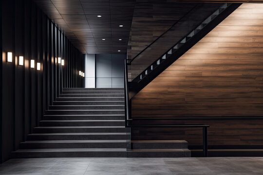 Interior of modern office with wooden walls, concrete floor and black staircase. High quality photo