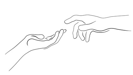 Hands reaching out to each other, hands, linear art, vector illustration.
