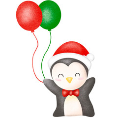 3d penguin in santa claus hat holding balloons