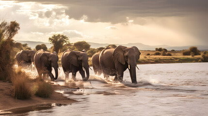 Fototapeta na wymiar Elephants traveling through water