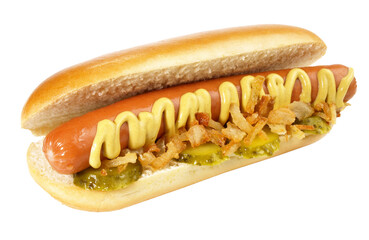 Hot Dog with Mustard and pickled Cucumbers on Transparent PNG Background