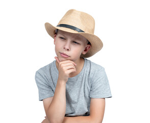Portrait of a thoughtful teenager in a man's straw hat, isolated on a transparent background png.